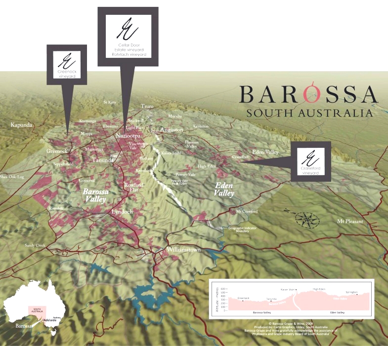 Barossa - topografická mapa - vinohrady Elderton