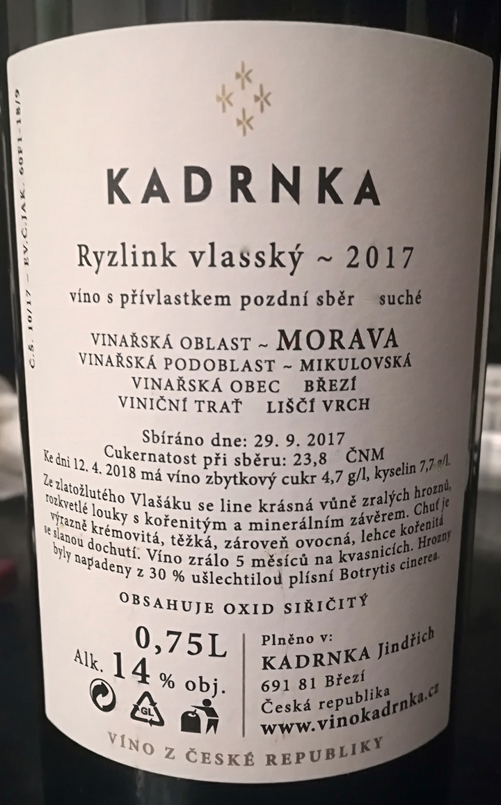 Ryzlink vlašský 2017 pozdní sběr, Jindřich Kadrnka